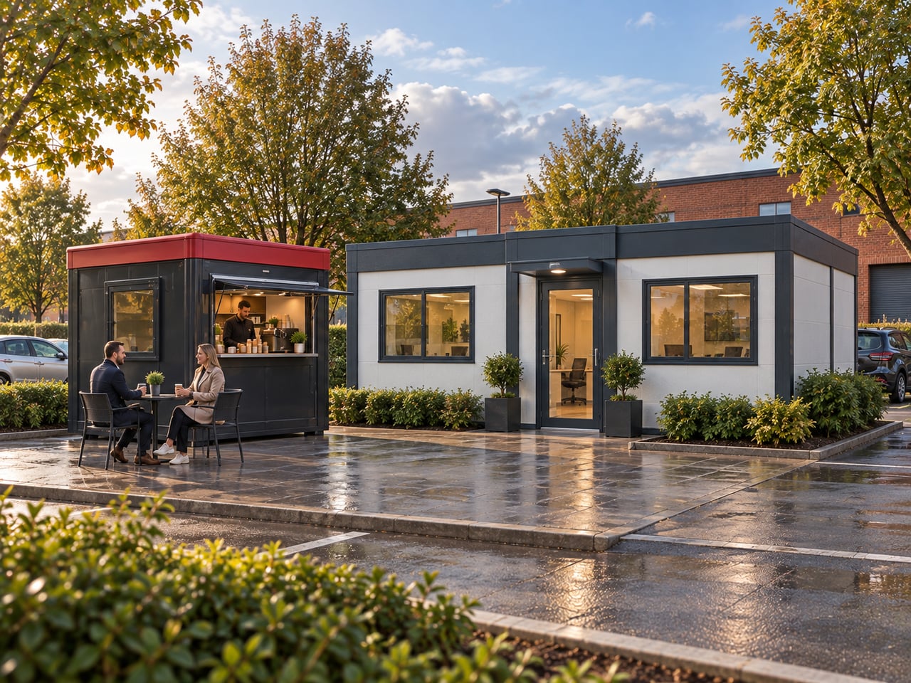 Concept visualisation of a compact single-storey modular office and coffee kiosk at a UK business park.